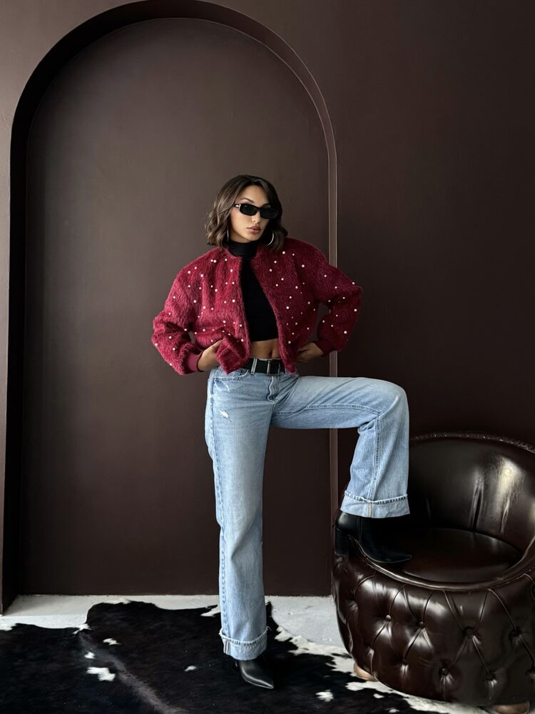 Topshow - Wholesale Faux Fur Bomber Jacket - Pearl Detail - Burgundy