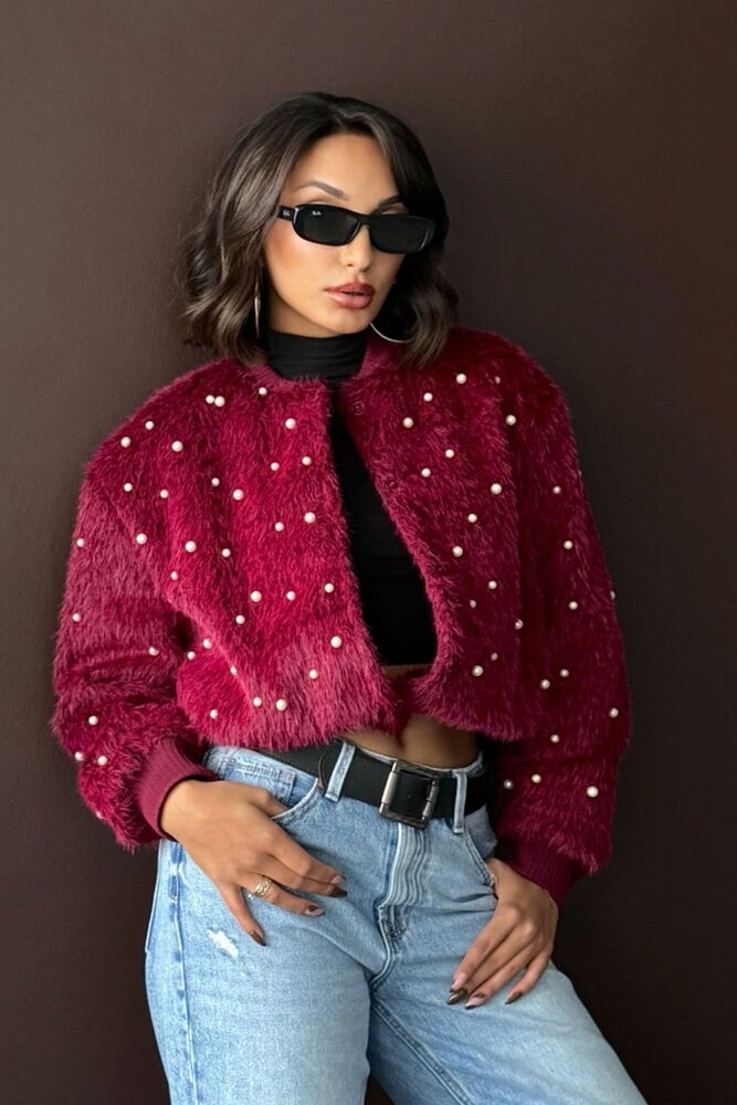 Topshow - Wholesale Faux Fur Bomber Jacket - Pearl Detail - Burgundy