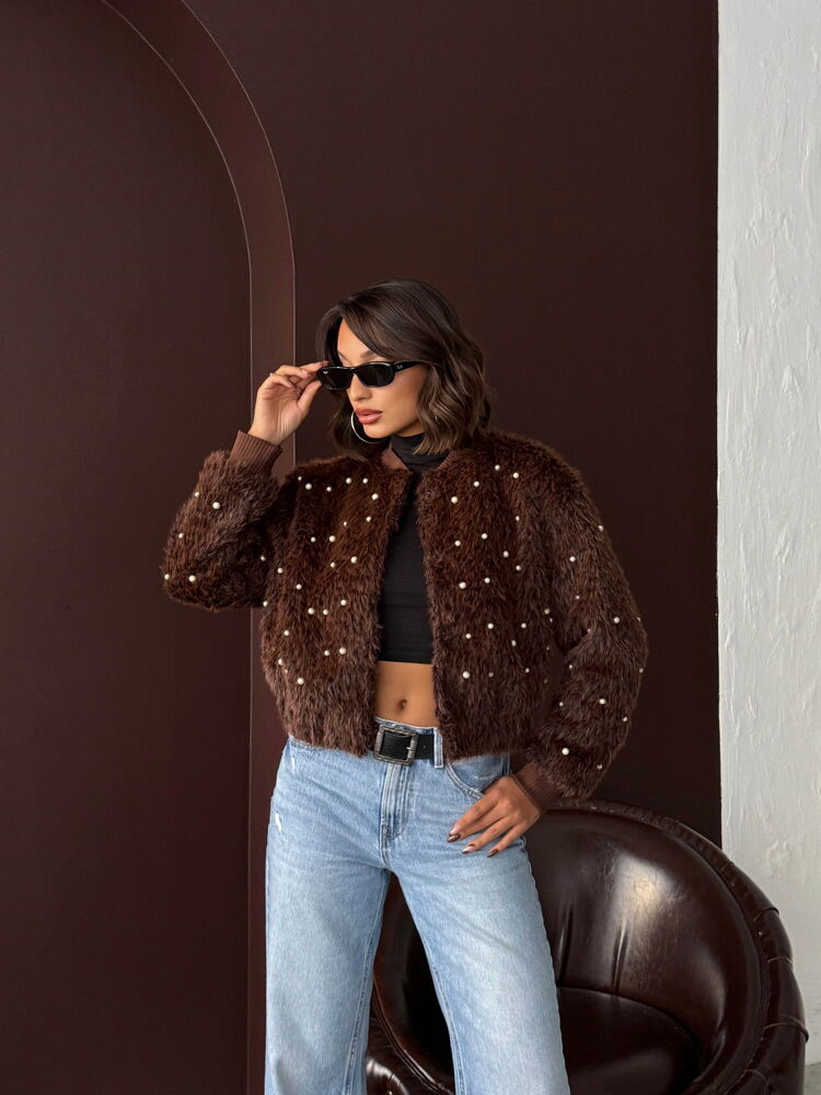 Topshow - Wholesale Faux Fur Bomber Jacket - Pearl Detailed - Coffee