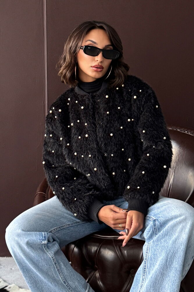Topshow - Wholesale Faux Fur Bomber Jacket - Pearl Detailed - Black