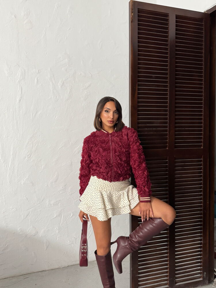 Topshow - Jachetă cu fermoar și model de trandafiri, en-gros - Burgundia