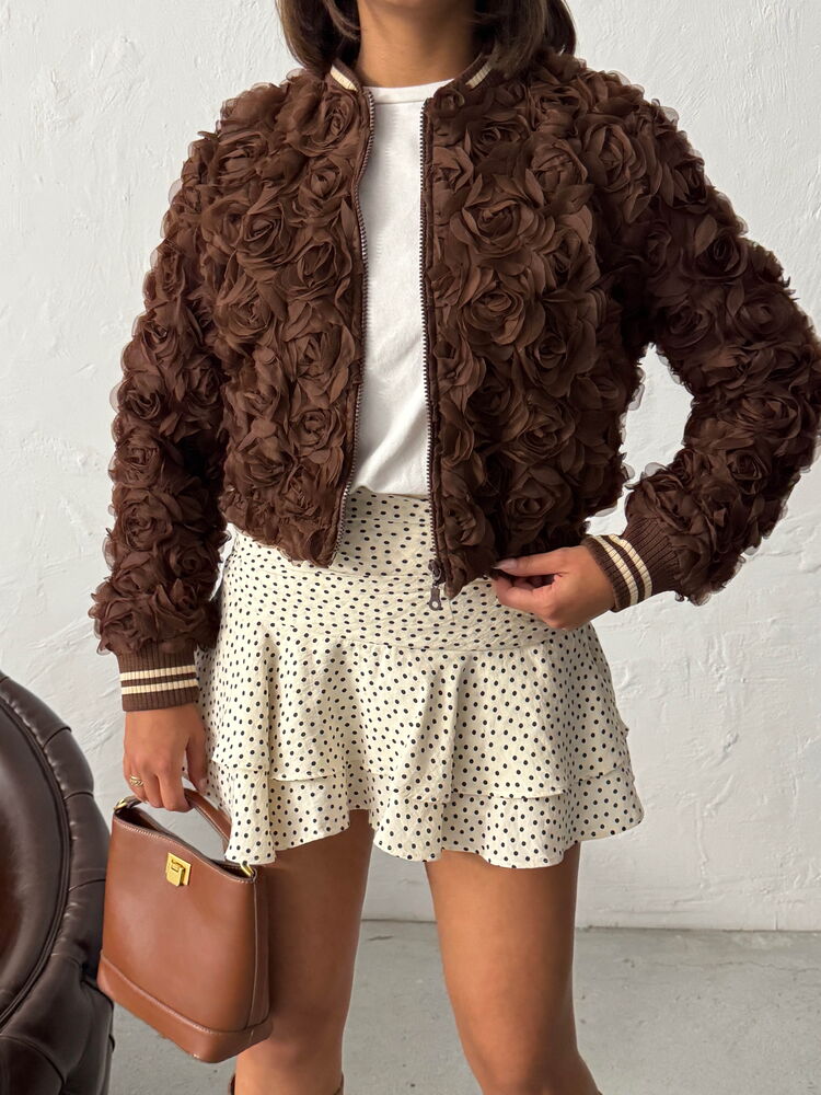 Topshow - Wholesale Rose Embellished Zippered Jacket - Coffee