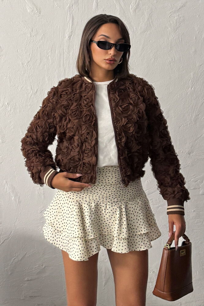 Topshow - Wholesale Rose Embellished Zippered Jacket - Coffee