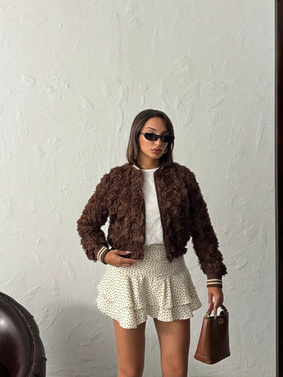 Topshow - Wholesale Rose Embellished Zippered Jacket - Coffee