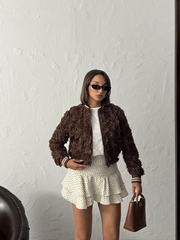 Topshow - Wholesale Rose Embellished Zippered Jacket - Coffee