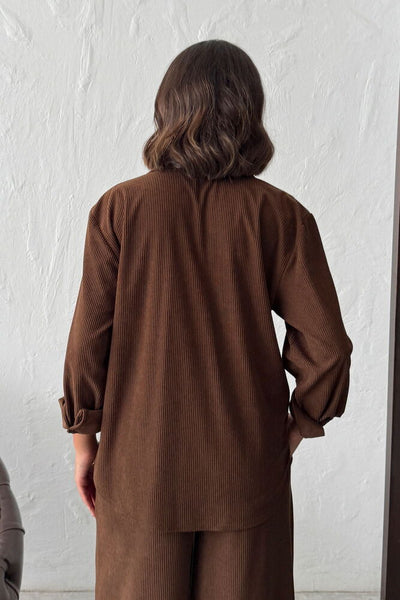 Topshow - Wholesale Corduroy Shirt with Embroidered Pocket - Coffee