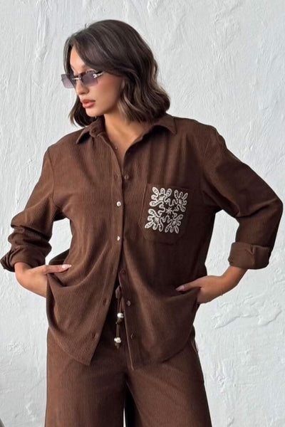 Topshow - Wholesale Corduroy Shirt with Embroidered Pocket - Coffee