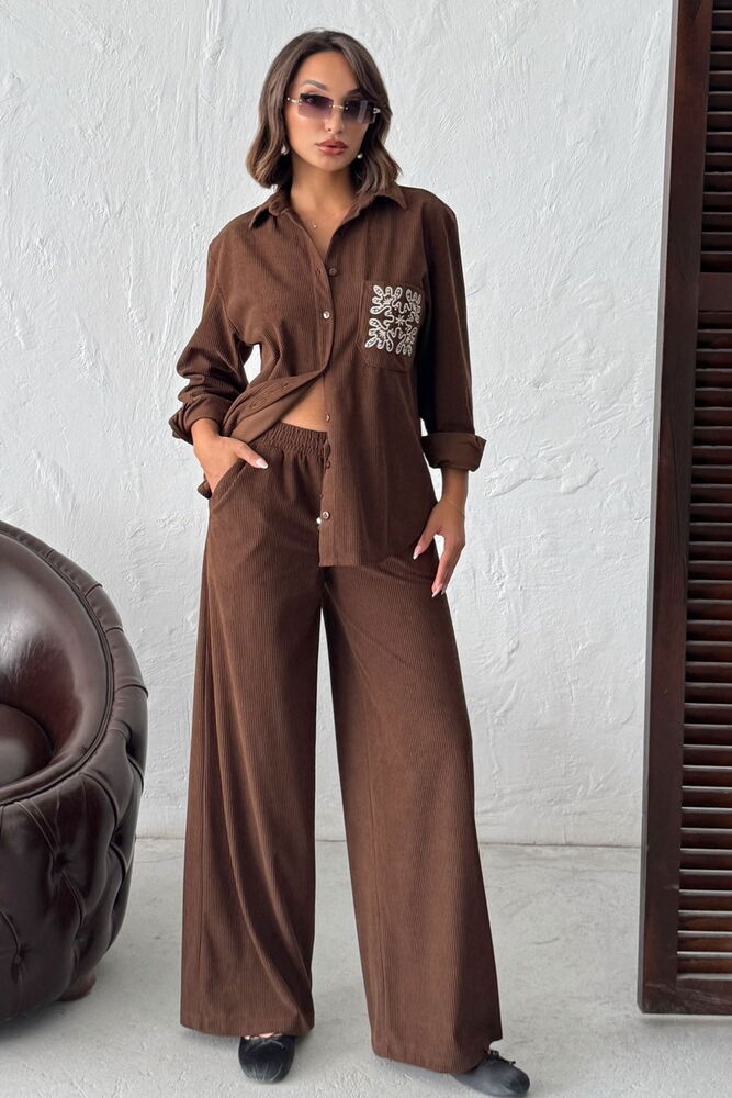 Topshow - Wholesale Corduroy Shirt with Embroidered Pocket - Coffee