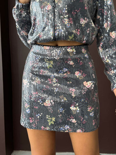 Topshow - Wholesale Flower Printed Sequin Mini Skirt - Flower Design Sequin