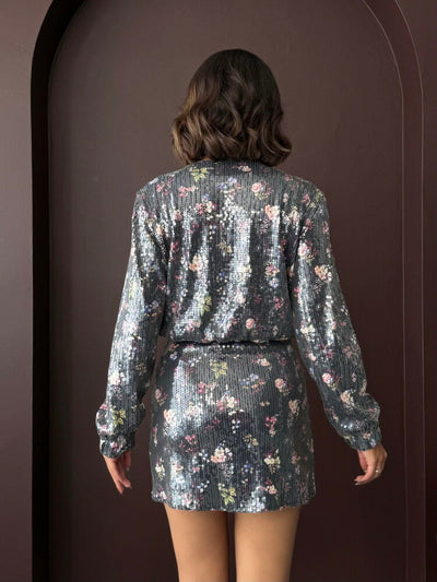 Topshow - Wholesale Flower Printed Sequin Mini Skirt - Flower Design Sequin