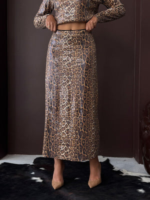 Topshow - Toptan Trend Leopar Desenli Etek - Günlükten Geceye Şıklık- Koyu Leopar