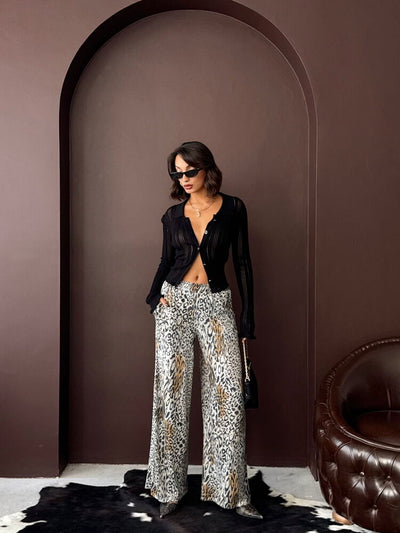 Topshow - Wholesale Trendy Leopard Print Wide Leg Pants - Day And Night - Light Leopard