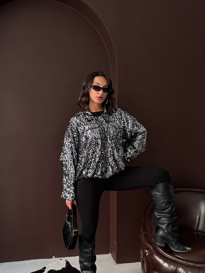 Topshow Sequin Oversize Women's Jacket – Zippered Sparkly Stylish Top - Grey Silver | F2026