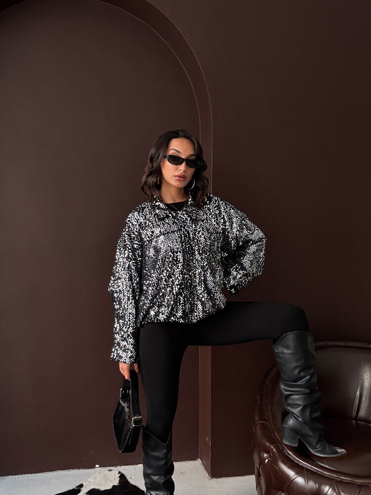 Topshow Sequin Oversize Women's Jacket – Zippered Sparkly Stylish Top - Grey Silver | F2026