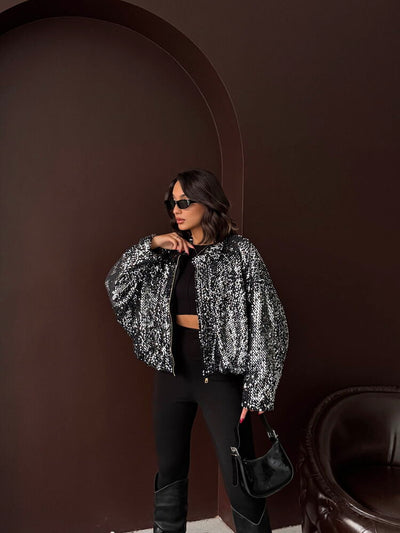 Topshow Sequin Oversize Women's Jacket – Zippered Sparkly Stylish Top - Grey Silver | F2026