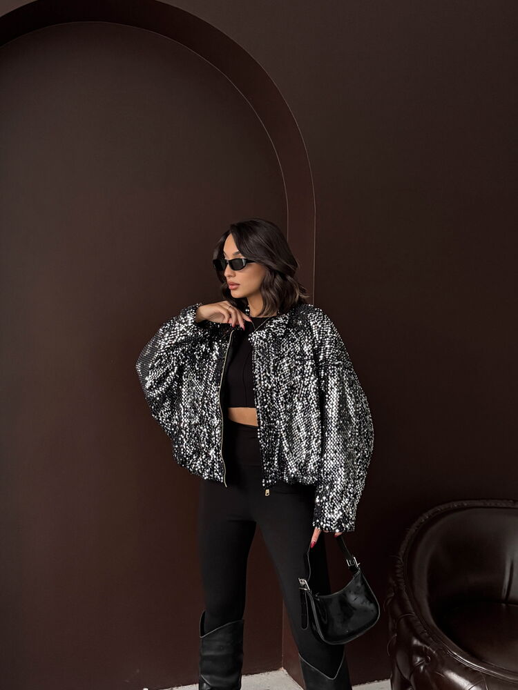 Topshow Sequin Oversize Women's Jacket – Zippered Sparkly Stylish Top - Grey Silver | F2026