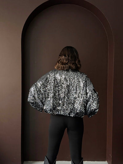 Topshow Sequin Oversize Women's Jacket – Zippered Sparkly Stylish Top - Grey Silver | F2026