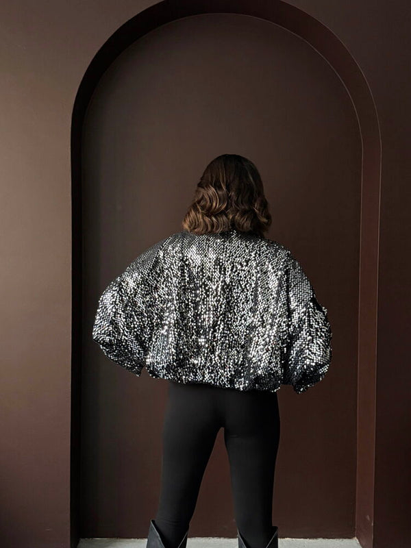 Jachetă de damă Topshow Sequin Oversize – Top elegant, strălucitor, cu fermoar - Gri argintiu | F2026