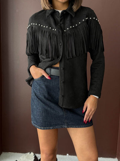Cămașă Topshow din piele întoarsă Scuba Suede cu ciucuri - Negru | F2029