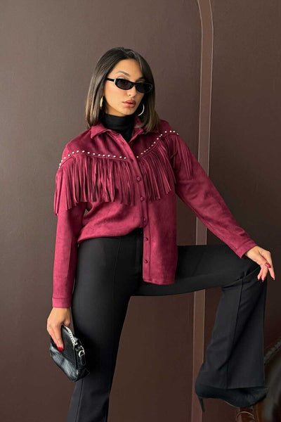 Cămașă Topshow din piele întoarsă Scuba Suede cu ciucuri - Burgundia | F2029
