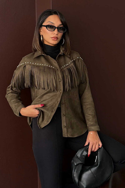 Cămașă Topshow din piele întoarsă Scuba Suede cu ciucuri - Kaki | F2029