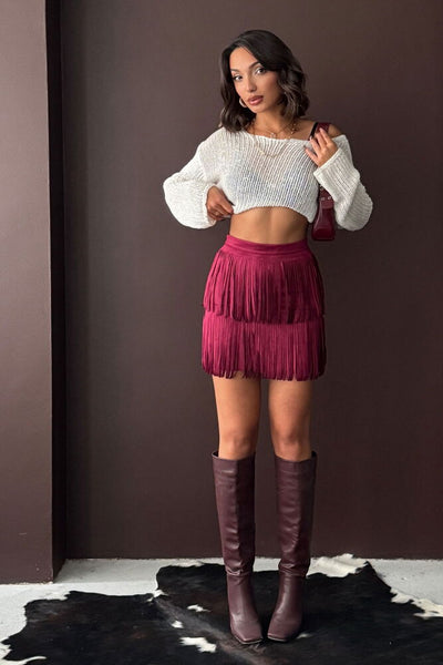 Topshow Tasseled Scuba Suede Skirt - Burgundy | F2030
