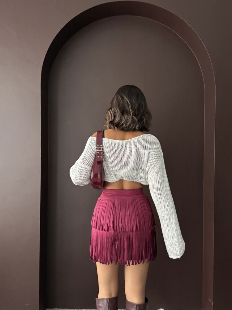 Topshow Tasseled Scuba Suede Skirt - Burgundy | F2030