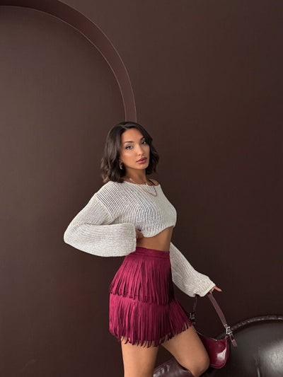 Topshow Tasseled Scuba Suede Skirt - Burgundy | F2030
