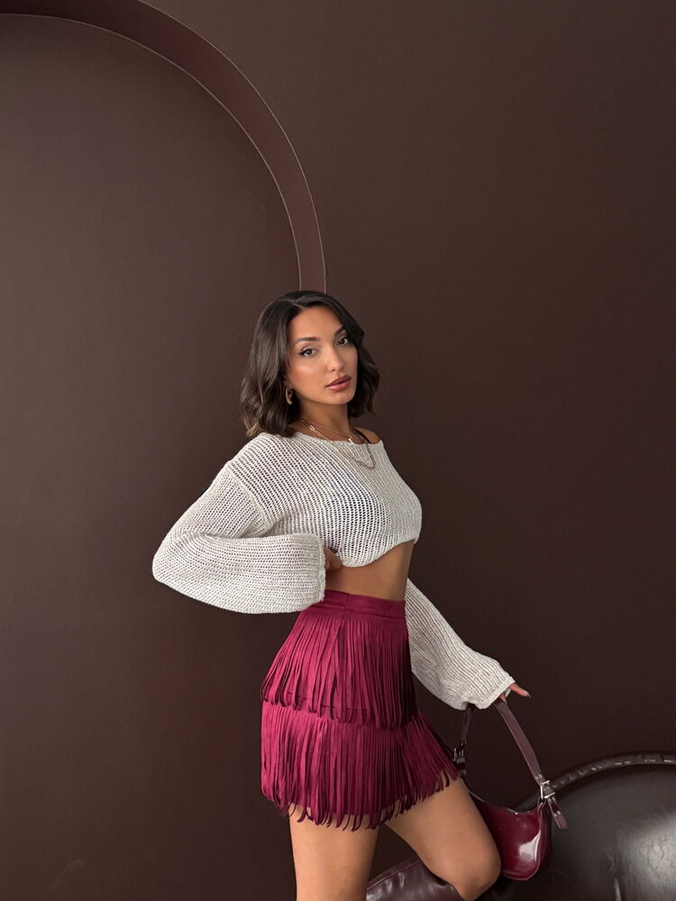 Topshow Tasseled Scuba Suede Skirt - Burgundy | F2030
