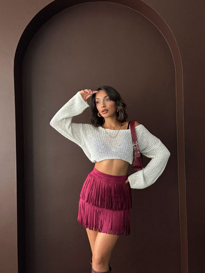 Topshow Tasseled Scuba Suede Skirt - Burgundy | F2030