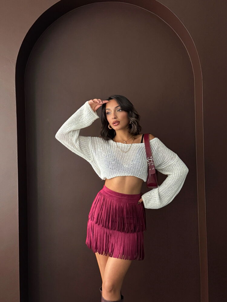 Topshow Tasseled Scuba Suede Skirt - Burgundy | F2030