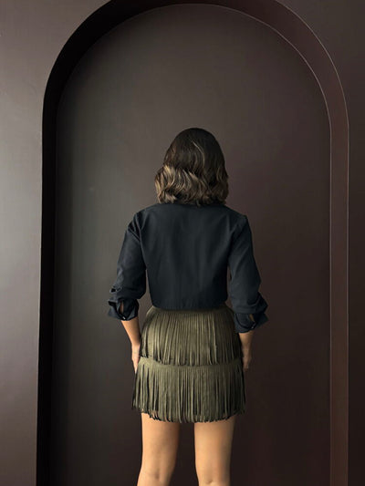 Topshow Fringed Scuba Suede Skirt - Khaki | F2030