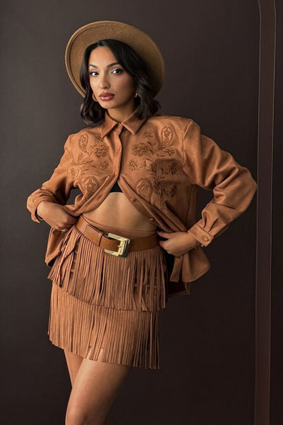 Topshow Fringed Scuba Suede Skirt - Tan | F2030