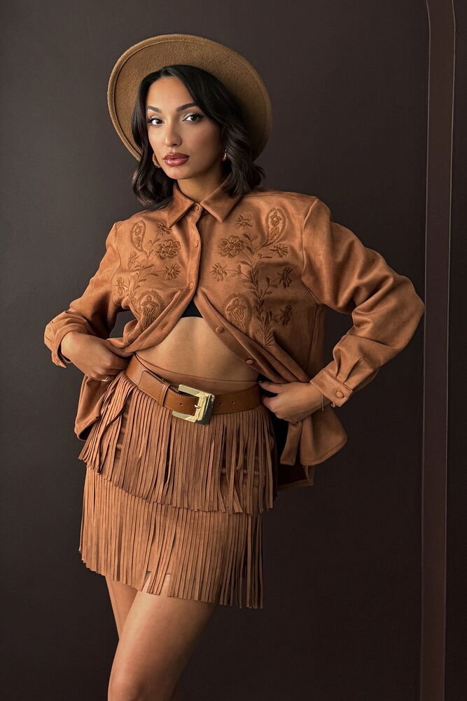 Topshow Fringed Scuba Suede Skirt - Tan | F2030