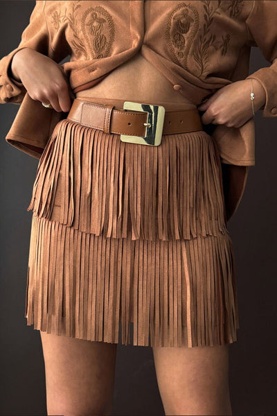 Topshow Fringed Scuba Suede Skirt - Tan | F2030