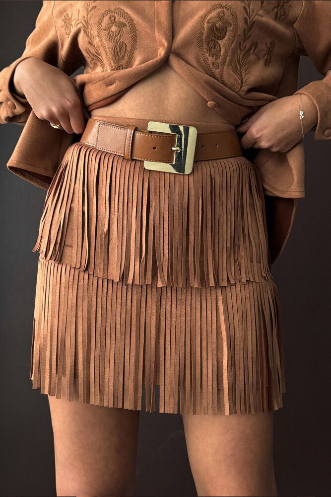 Topshow Fringed Scuba Suede Skirt - Tan | F2030