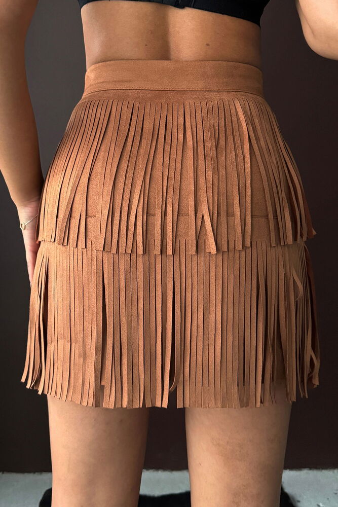 Topshow Fringed Scuba Suede Skirt - Tan | F2030