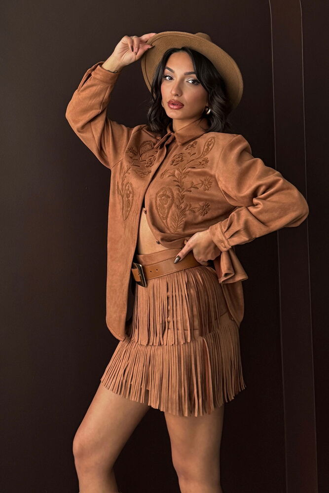 Topshow Fringed Scuba Suede Skirt - Tan | F2030