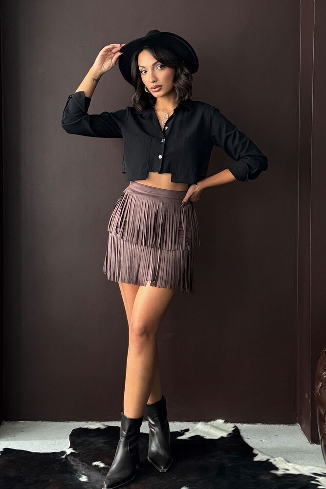 Topshow Fringed Scuba Suede Skirt - Coffee | F2030