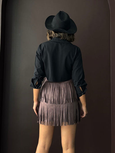 Topshow Fringed Scuba Suede Skirt - Coffee | F2030