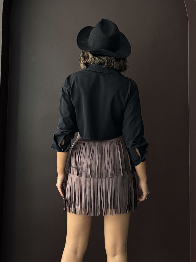Topshow Fringed Scuba Suede Skirt - Coffee | F2030