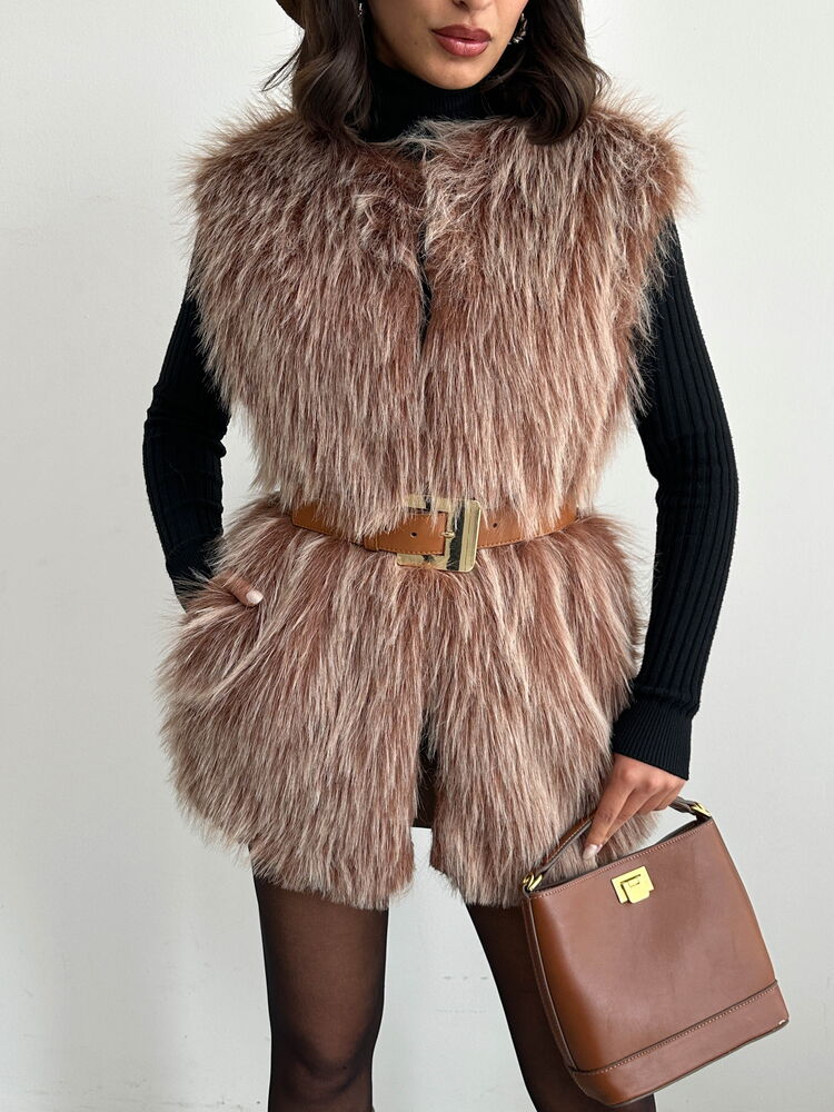 Topshow Faux Fur Women's Wholesale Vest – Soft Textured - Light Brown | F2038