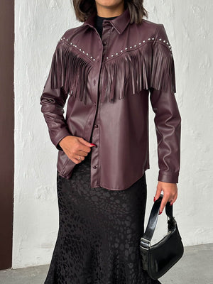 Topshow Droplu Püsküllü Suni Deri Gömlek - Mürdüm | F2043