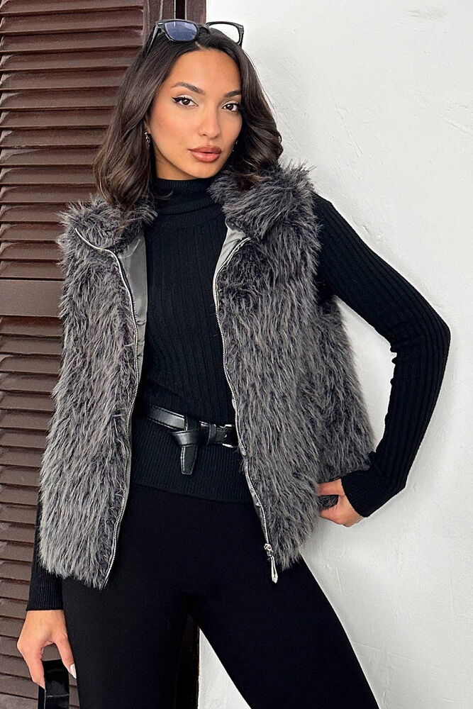 Topshow Faux Fur Women's Wholesale Vest – Zippered, Soft Touch - Grey | F2046