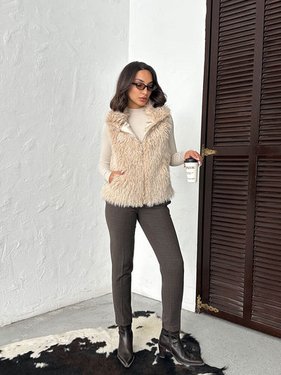 Topshow Faux Fur Women's Wholesale Vest – Zippered, Soft Touch - Stone | F2046