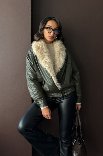 Fur-Collared Double-Breasted Leather Jacket - Khaki