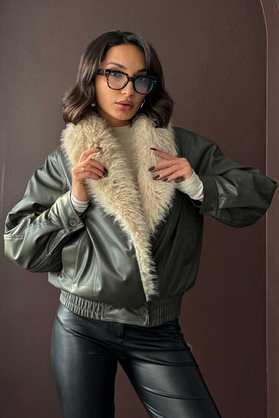 Fur-Collared Double-Breasted Leather Jacket - Khaki