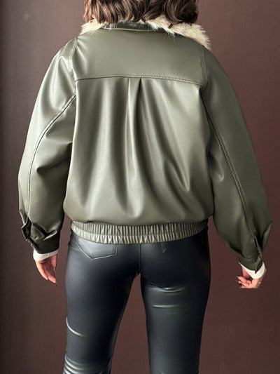Fur-Collared Double-Breasted Leather Jacket - Khaki