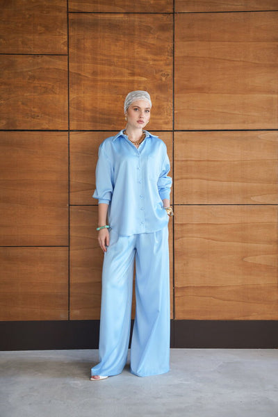 Pantaloni din satin - Albastru | F2052 - Topshow