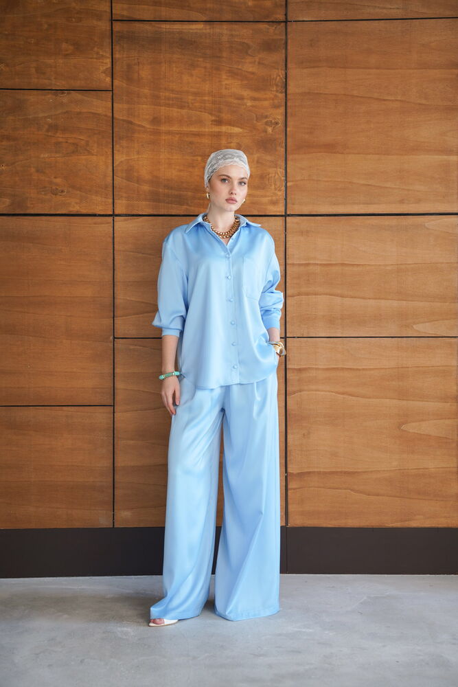 Pantaloni din satin - Albastru | F2052 - Topshow